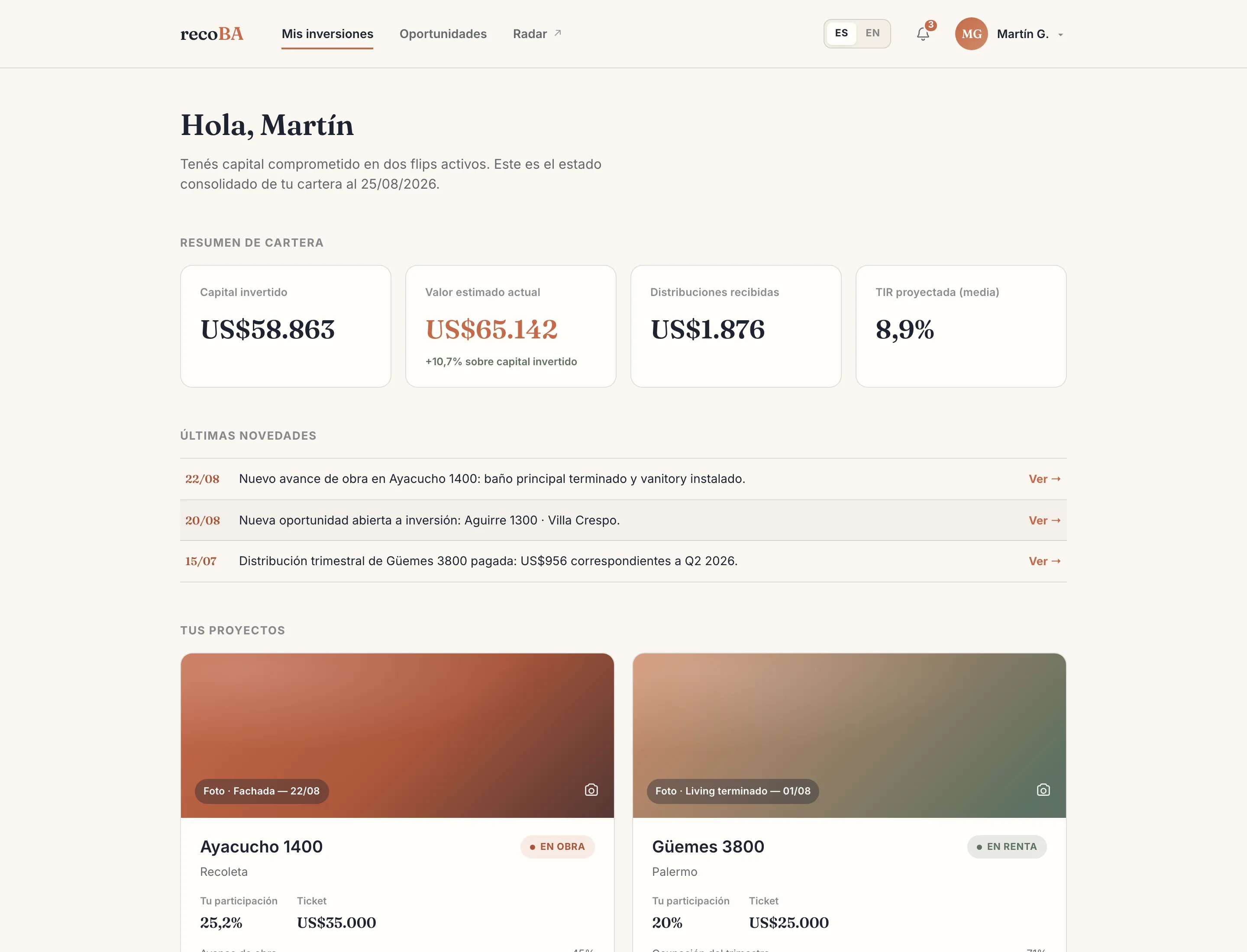Portal del inversor: resumen de cartera con capital invertido, valor estimado, distribuciones recibidas y rentabilidad proyectada, últimas novedades y proyectos
