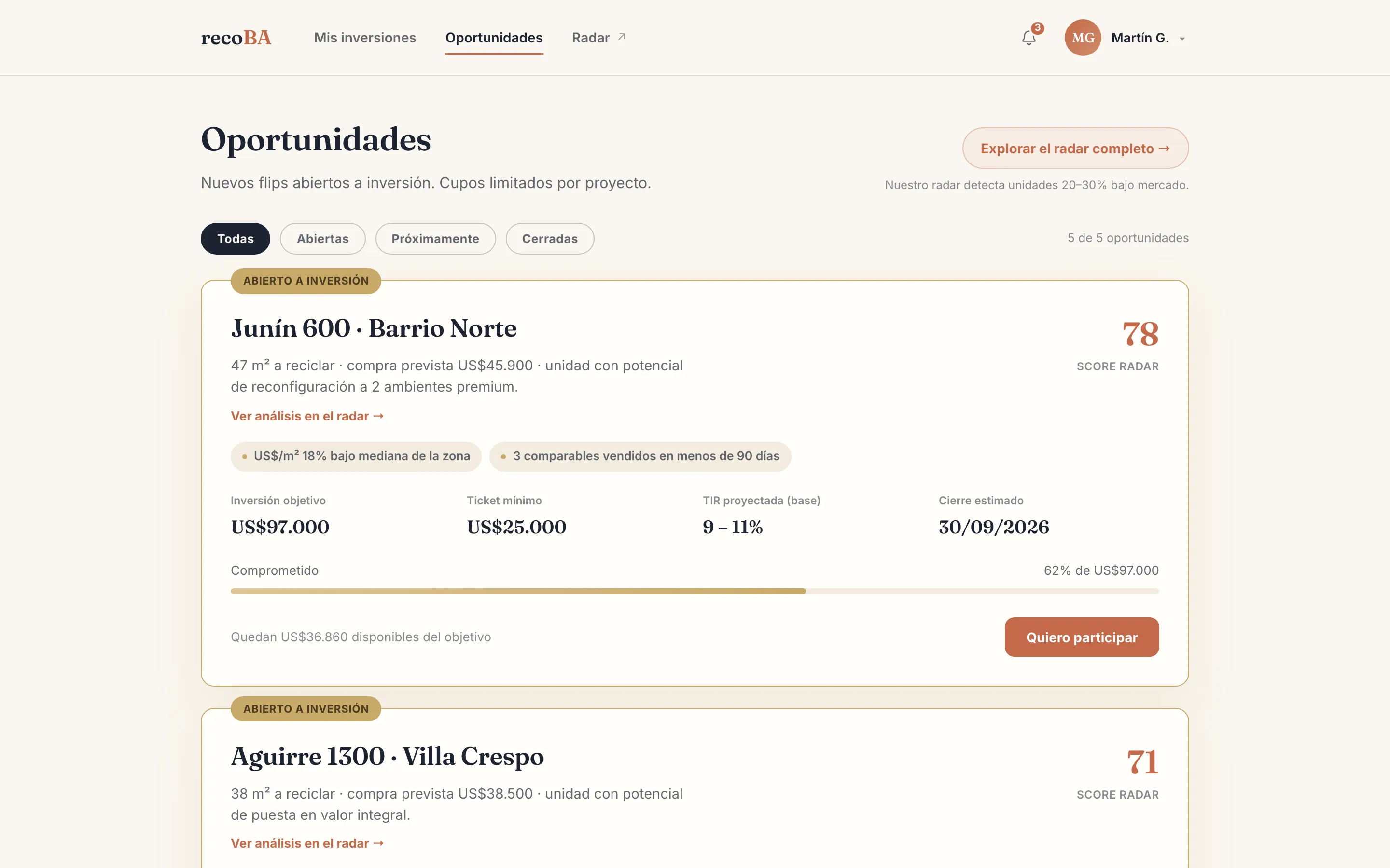 Pestaña de oportunidades del portal del inversor: nuevas operaciones con importe objetivo y ticket mínimo